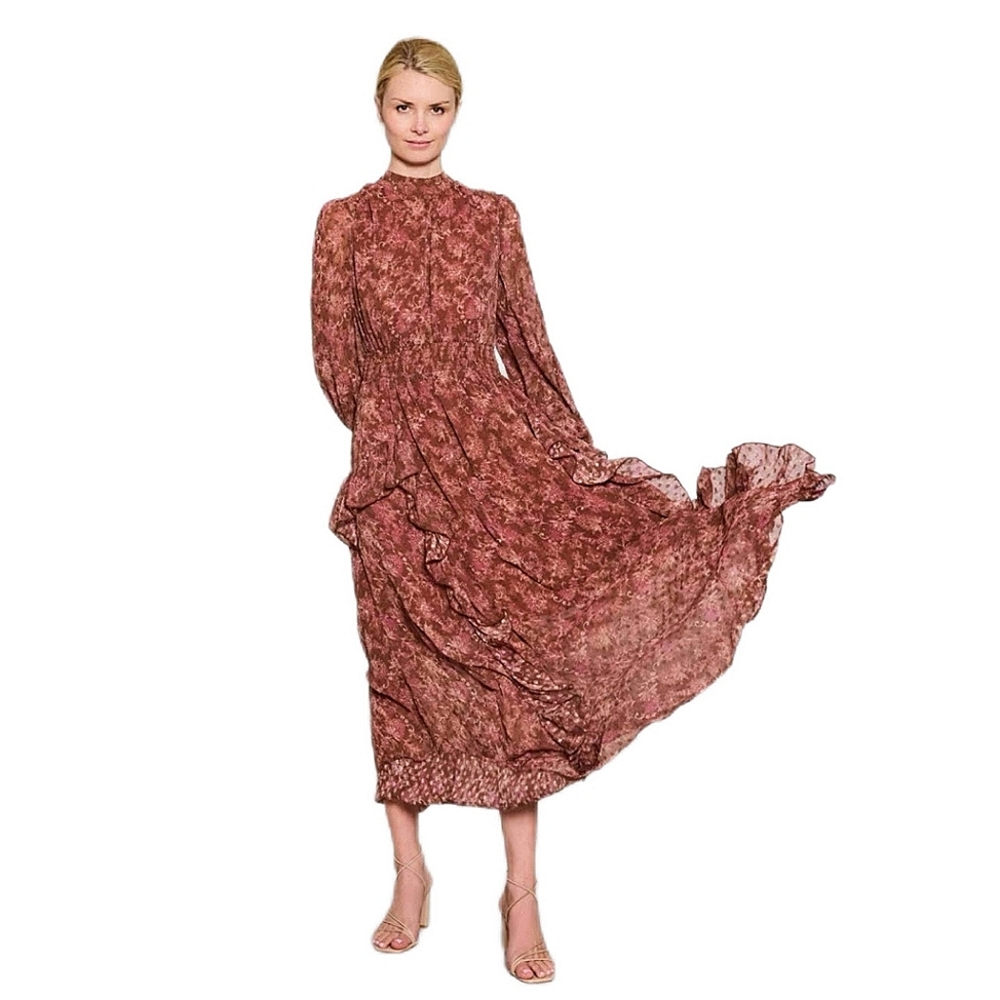 Anthropologie Melloday Balloon Sleeve Chiffon Brown Floral Maxi Dress Sz Medium